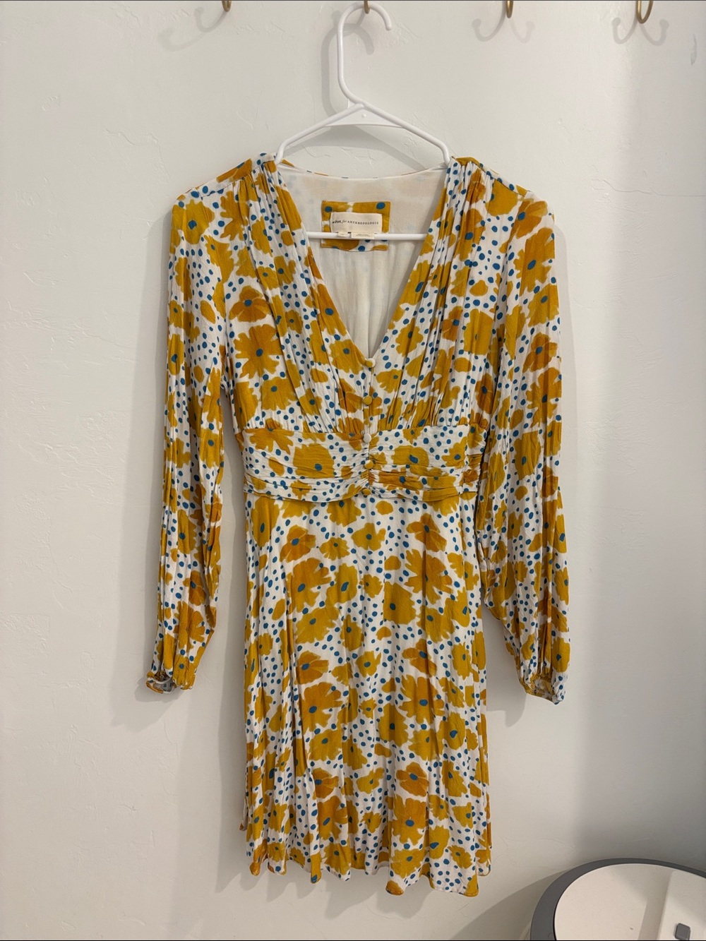 Anthropologie Floral V-Neck Long Sleeve Dress in Mustard